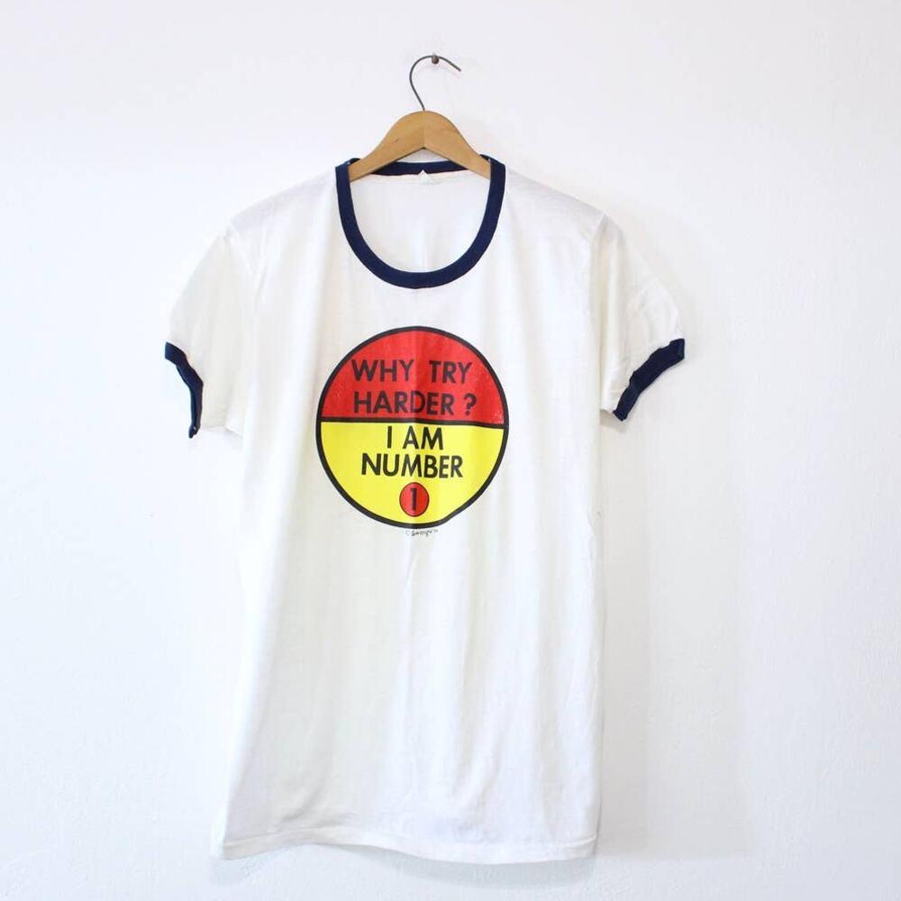 Vintage 80s Why Try Harder I Am Number One T Shirt Mens XL White